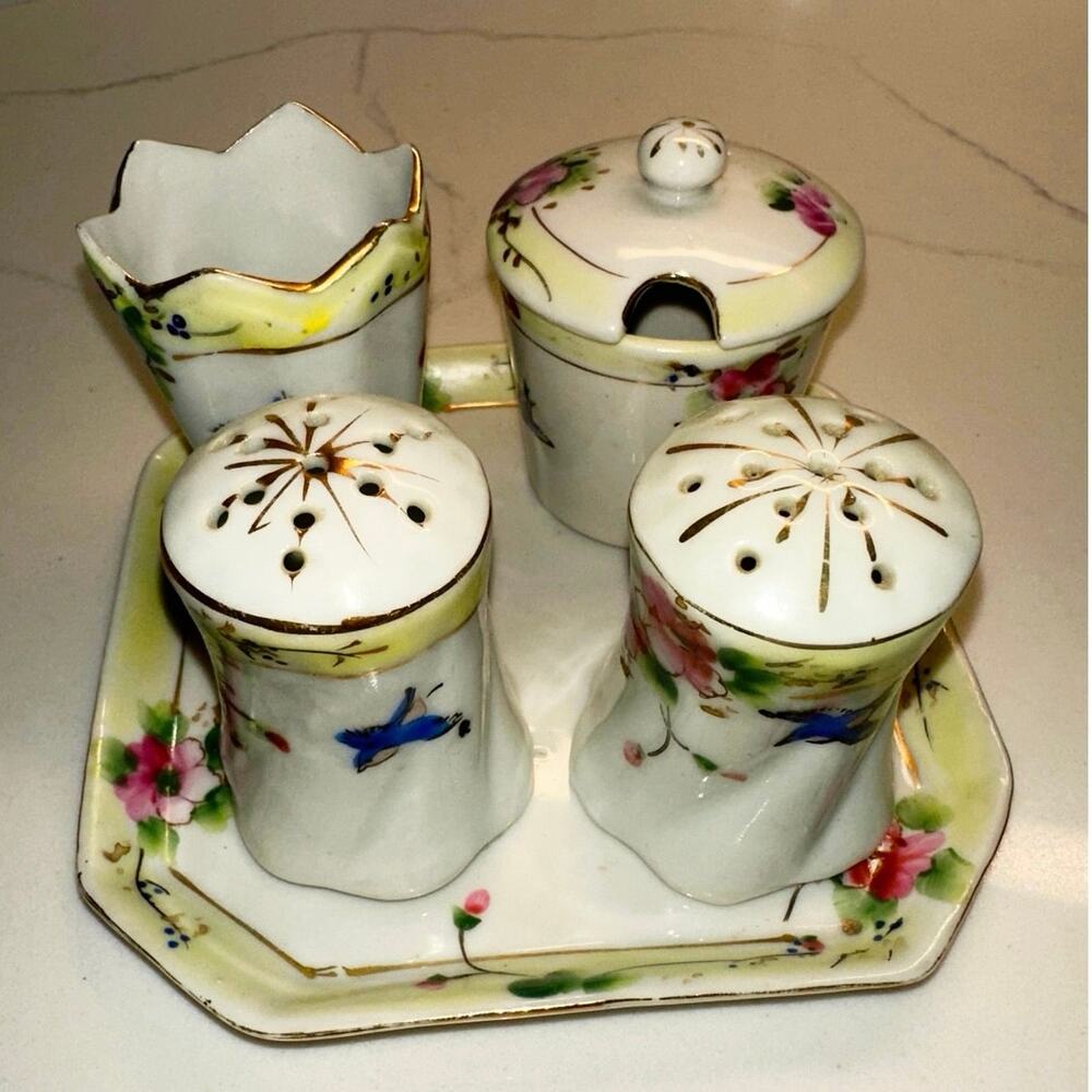 Vintage Japanese Hand-Painted Porcelain Condiment Set Floral Design Bird Motif